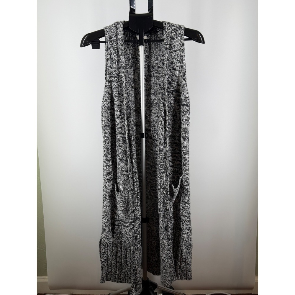 Chicos Womens Black White Marled Knit Longline Sleeveless Cardigan Vest Size 0 S